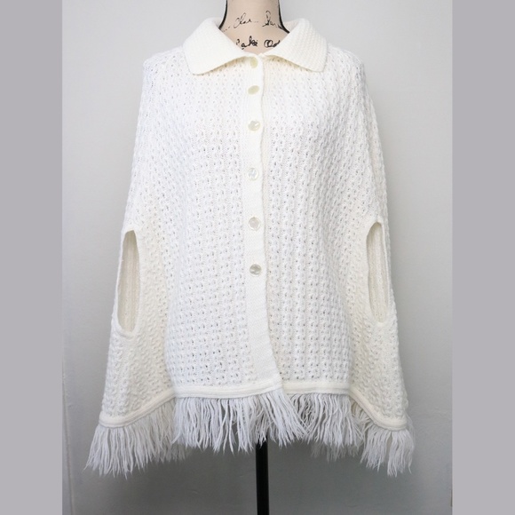 Vintage 70's Women One Size Knit Button Up Sweater Poncho Festival Fringed Boho - Picture 1 of 11
